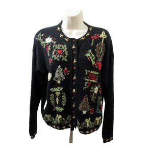 Casual Corner Christmas Embroidered Beaded Button Up Cardigan Sweater Petite Med